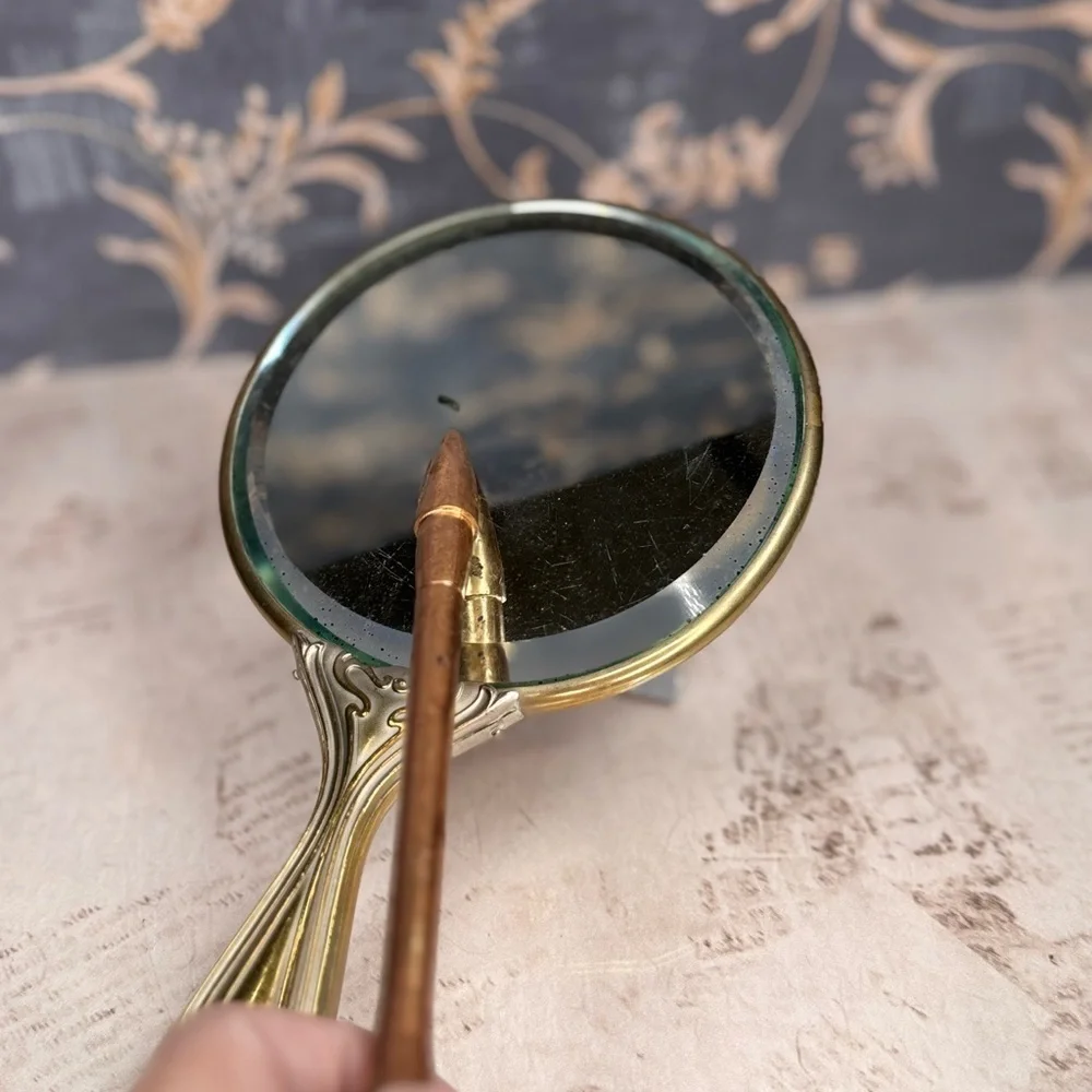 Antique Art Nouveau Repousse Vanity Hand Mirror Maiden Floral